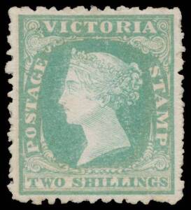 Victoria: 1859 Perf 12 by Robinson 2/- dull buish green/pale yellow SG 82, unusually well centred, unused, Cat Â£600.