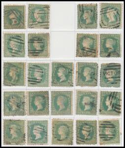 Victoria: 1859 Perf 12 by Robinson 2/- dull bluish green/pale yellow SG 82 large-part reconstructions of A) 23 of the 25 positions ex [3] & [8]; & B) of 14 of the 15 positions ex [29] from the right-hand side of the plate that were utilised to make the ne