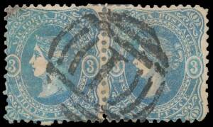 Victoria: 1860-66 Beaded Ovals 3d light blue on horizontally laid paper SG 88a rejoined horizontal pair, rounded corner at lower-right & repaired corner at upper-left, bold central BN '1' of Melbourne. Unpriced by Gibbons & a rare if rejoined multiple. Ch