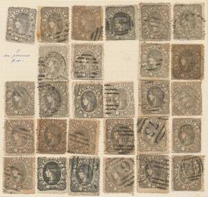 Victoria: 1860-66 Beaded Ovals 6d black selection including three annotated pages Ex JRW Purves, strip of 3, partial reconstructions of Block A (28 of 30 positions) & Block D (28 of 30 including five pairs), etc, condition variable. (136)