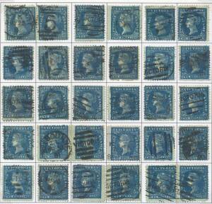 Victoria: 1862-80 Woodblocks 2/- blue/green SG 129-130c group with a range of shades, one apparently unused, condition variable (70); also two very fine complete reconstructions of the 25 positions (one Ex Charles Lathrop Pack, the other including two pai