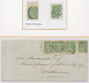 Victoria: 1863-81 Laureates Wmk Single-Lined Numerals 1d green SG 108 marginal example from the top of the sheet [C2] - Double Perfs at Top - & another from base of the upper pane [F13], also interpanneau strip of 4 [A7-9 - B7] on 1864 outer from Marong w