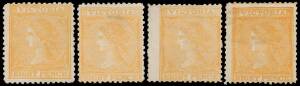 Victoria: 1863-81 Laureates Wmk Single-Line Numerals 8d orange SG 112 mostly plated examples comprising unused x4 (one with large-part o.g.) and used x7 (one on piece with 1/-), a few minor blemishes, Cat Â£3700+. Ex JRW Purves, on his album page. [Geoff 