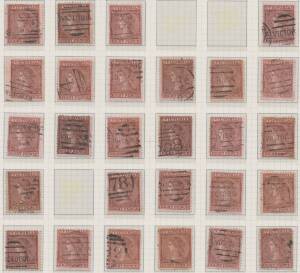 Victoria: 1863-81 Laureates 1867-81 Wmk V/Crown 8d lilac-brown/pink (shades) SG 137/a group large-part reconstruction of 112 of the 120 positions from Printing Groups 3-4, mostly fine used. Ex Nick Holness: acquired at the Prestige auction of 2.9.2006 for