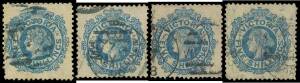 Victoria: 1863-81 Laureates 1867-81 V/Crown Perf 13 5/- blue/yellow SG 139, six examples, variable centring, a few minor problems, Melbourne duplex cancels, Cat Â£2550. (6)