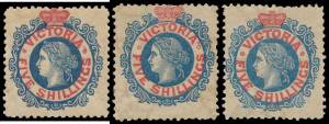 Victoria: 1863-81 Laureates 1867-81 V/Crown Perf 13 5/- blue & carmine Type I SG 140/d group, three examples in slightly different shades, large-part o.g. with characteristic discolouration caused by the gum, Cat Â£1800 minimum.