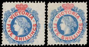 Victoria: 1863-81 Laureates 1867-81 V/Crown 5/- blue & red SG 140-141a & 148/a groups with annotated shades/printings including SG 141 & 148 both mint with large-part o.g., and two with the Watermark Sideways, also a complete reconstruction of the 25 posi