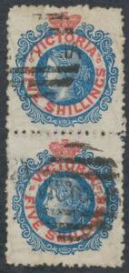 Victoria: 1863-81 Laureates 1867-81 V/Crown Perf 13 5/- blue & carmine Type I SG 140a vertical pair [10/15] both with tiny traces in blue at the lower-right corners of the nails used to ensure correct registration of the second (red) colour, remarkably we