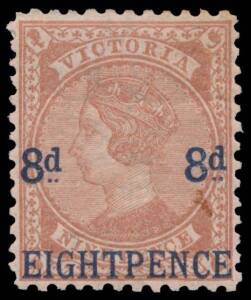 Victoria: 1876 Surcharge '8d 8d/EIGHTPENCE' on Bell 9d SG 191, exceptional centring, a couple of insignificant blemishes, large-part o.g., Cat Â£500.