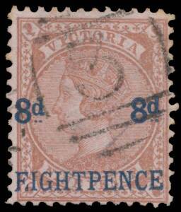 Victoria: 1876 Surcharge '8d 8d/EIGHTPENCE' on Bell 9d with 'F.IGHTPENCE' SG 191a, light Castlemaine duplex cancel clear of the variety, Cat Â£500. As fine an example as we have seen. [Geoff Kellow at page 197 states "Probably only about a dozen copies a