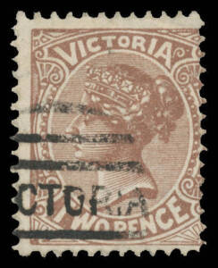 Victoria: 1880-84 Naish Designs 2d sepia-brown as SG 204a but Perf 12x11Â½, part-Melbourne duplex. Chris Ceremuga Certificate (2010) states "provisional perf 12x11Â½...very rare stamp known only used". [Geoff Kellow at page 201 notes that perf 12 stamps a