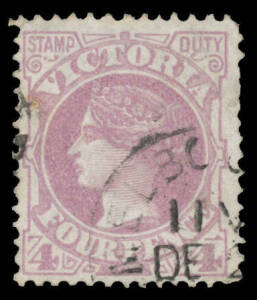 Victoria: 1885-95 Naish Stamp Duty Designs 4d lilac Error of Colour SG 300b, an unusually large & well centred example, a couple of short perfs, light Melbourne duplex cancel, Cat Â£1400. One of the finest examples we have seen. Chris Ceremuga Certificate