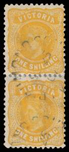 Victoria: 1905-13 Crown/A Perf 11 1/- yellow BW #V117A (SG 404) rejoined vertical pair, 'RICHMOND SOUTH/SE25/07/ VICTORIA' cds, Cat $1200+ (Â£750+). Separate Chris Ceremuga Certificates (2010) both state "very rare stamp, known only used". [Kellow at page