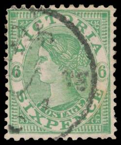 Victoria: 1905-13 Crown/A Irregular Compound Perfs 6d emerald Single-Line Perf 11x12Â½ BW #V102 (SG 451), light indistinct cancel, Cat $1500 (Â£1500). [The ACSC states the shade is "pale yellow-green", which is certainly not the case with this stamp. Geof