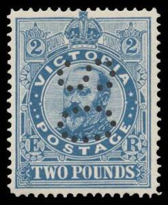 Victoria: OFFICIALS: 1905-12 Crown/A Perf 12Â½ Â£2 dull blue perf 'OS' BW #V132b (SG 432), very well centred, very lightly mounted large-part o.g., undercatalogued at $1200 (Â£750 without perfin).