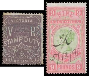 Victoria: REVENUES: Lithographed 35/- grey-violet - a little aged - unusually with handstamp in blue, and 1886-96 Fergusson & Mitchell Â£5 to Â£9 - all unusually fine - with none of the usual pinholes. [No postally used example has been recorded of any of