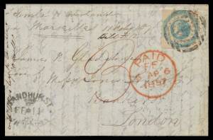 Victoria: 1857 (Feb 11) part-entire to London "per Simla & Overland/via Marseilles" with Imperf 1/- blue (three margins & just shaved at right) tied by BN '4' of 'SANDHURST' (crowned-oval d/s at L/L), Melbourne transit b/s & very fine London arrival cds o