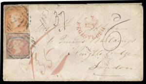 Victoria: 1857 (May 12) cover to London by the long sea route with Woodblocks Imperf 6d orange - just touched at left - & 1/- 'REGISTERED' - margins close to good - tied by light BN '5' cancels of 'BALLARAT' (b/s), boxed 'LIVERPOOL/ SHIP/AU22/1857' transi