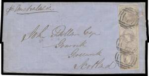 Victoria: 1858 outer to Scotland "pr Australasia" with Emblems 2d pale lilac SG 45 vertical pair (margins good to large except at left where a little shaved) & 2d grey-lilac SG 45a single (good even margins) tied by BN '1' of Melbourne (poor b/s), two dif