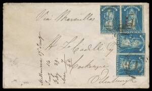 Victoria: 1860 (Jan 17) double-rate cover to Scotland "Via Marseilles" with scarce franking of Queen-on-Throne 6d blue SG 73 two pairs tied by BN '1' of Melbourne (b/s), unusually without a British entry datestamp but with very fine 'PRESTONPANS/MR7/60' a