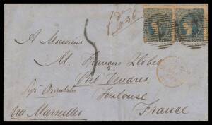 Victoria: 1860 outer to France with rare franking of Beaded Oval No Wmk (Laid Paper) 3d blue SG 88 pair tied by fine strikes of '1' "killer" of Melbourne (b/s), French mailboat cds 'AUSTRALIE V SUEZ/AMB C' cds in red on face, '5' (decimes) h/s & three dif