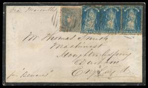 Victoria: 1861 (May 25) mourning cover to England "via Marseilles/per Benares" with lovely franking of Queen-on-Throne Rouletted 6d single & pair plus Beaded Ovals 3d blue all cancelled with light Barred Numeral '157' of '____ COLLINGWOOD' (oval b/s with 