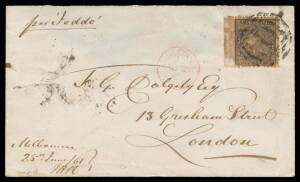 Victoria: 1861 (June 25) flapless cover to London "per Jeddo" with surprisingly scarce franking of 1861 Woodblocks 6d black SG 102 (a huge marginal example, stained by the "black boy" gum used) tied by BN '1', London arrival cds of AU21/61 in red on the f