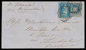 Victoria: 1861 (June 25) cover to a marble works in Cumbria "pr Ottawa/via Marseilles" with scarce franking of Beaded Ovals 3d blue on Laid Paper SG 88 plus Rouletted 6d Queen-on-Throne SG 73 tied by BN '1' of Melbourne (b/s), very fine ' C / KENDAL/SP13/