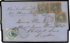 Victoria: 1862 (June 26) outer to London "Per Northam/Via Marseilles" with Perf 12 1/- & Beaded Ovals 3d blue x3 (one with trimmed perfs, "black boy" gum) tied by Melbourne duplex, London arrival cds of AU15/62 in red on the face.