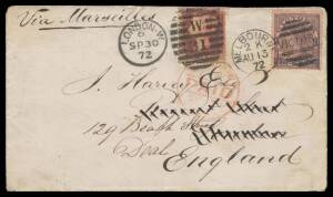 Victoria: 1872 (Sep 30) cover to London "Via Marseilles" with scarce franking of '9 9/ NINEPENCE' on Laureates 10d brown/pink SG 171 tied by Melbourne duplex, London arrival cds of SP30/72 in red on the face, GB 1d added for redirection fee & tied by sup