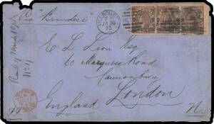 Victoria: 1873 (Jan 30) triple-rate cover to London "Via Brindisi" with rare franking of '9 9/NINEPENCE' on Laureates 10d brown/pink SG 171 horizontal strip of 3 - rounded corner at upper-right - tied by Melbourne duplex, London arrival cds of MR17/73 in