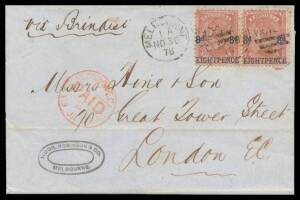 Victoria: 1876 (Nov 30) double-rate outer with superb 'HOGG, ROBINSON & CO/MELBOURNE' cachet at lower-left, to London "via Brindisi" with rare franking of '8d 8d/EIGHTPENCE' on Bell 9d horizontal pair tied by Melbourne duplex, London arrival cds of 13JA7