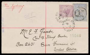 Victoria: 1896 registered cover to USA with fraudulent use of Large Stamp Duty 6d blue with pen cancel removed + 2d tied by 'BOURKE STREET EAST/VIC' cds, San Francisco arrival b/s.