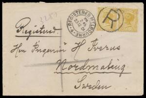 Victoria: 1901 commercial double-rate cover to Sweden with 'POSTAGE' 4d pair tied by 'R'-in-circle & 'REGISTERED MELBOURNE/-4-' cds alongside.