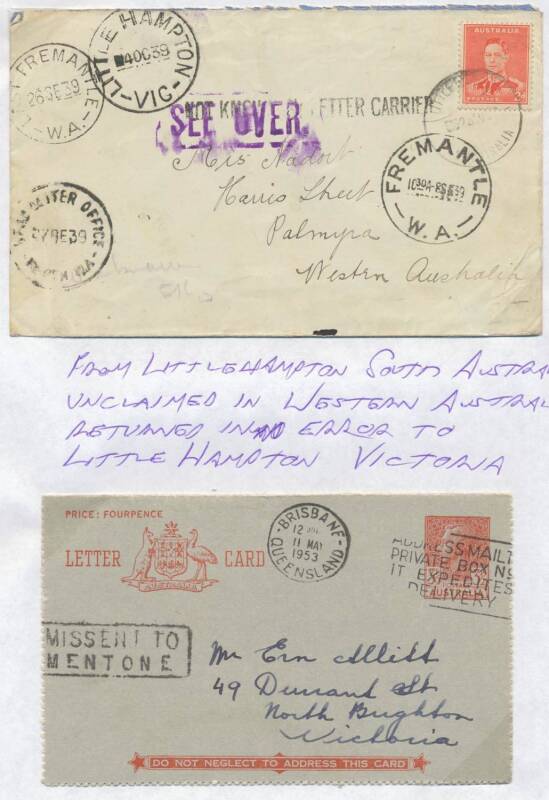 Victoria MISSENT MAIL 1930s1960s continuation group of covers with