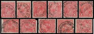 Victoria: Postmarks selected from a recent original find of KGV Penny Reds including 'BUNGEET WEST' (rated RRRR), 'COSTERFIELD SOUTH' (RRR), 'DUNLUCE' (RRR), 'MILITARY CAMP/FLEMINGTON' (RRR), 'FULHAM RLY STN' (RRR), 'GANNAWARRA' (RRR), 'RO GIPSY POINT' (R