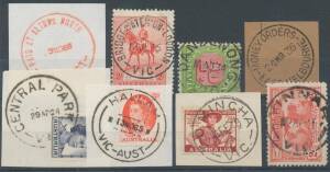 Victoria: A-Y Selection of datestamps 1930s-80s many complete strikes on piece, mostly from smaller Post Offices although no great rarities seen, noted quite a few 'PAID' in red, LDL/SDL conversions and some Money Order types, little if any duplication an