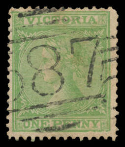 Victoria: BARRED NUMERALS: 1st Type (12mm high) '587' very fine large-part strike & an obvious '5' from a second strike at lower-right of Cobden on Laureates 1d (a bit aged). Rated RRRR. PO 5.1.1867.