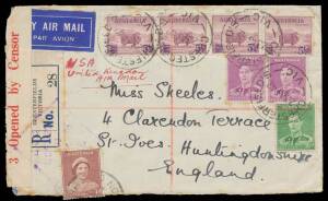 Victoria: Chesterfield's: 'CHESTERFIELD'S/23AP42/VIC' four fine to very fine strikes on registered airmail cover to GB at 2/1d rate + 3d registration (+ unnecessary payment of Â½d wartax), scarce blue & black/white registration label, sender's endorsement