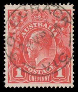 Victoria: Eurack: 'T.O. EURACK/24MR16/VIC' fine strike on KGV 1d red. Previously unrecorded. [24km NNE of Colac. The one cds is recorded between 1905 & 1960. This new discovery suggests there may have been a separate Telegraph Office at Eurack]