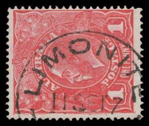 Victoria: Limonite: LIMONITE/11SE17/[VIC]' (RO period; ERD) superb strike on KGV 1d red. RO 14.12.1914; PO 1.7.1927; TO 31.7.1942; closed 30.3.1946. Rare. [Gippsland: 7km SE of Mirboo North]