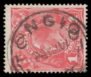 Victoria: Tongio: 28mm (arcs 3Â½,4) very fine but double strike on KGV 1d red. Rare: the earlier of only two examples recorded. [Gippsland: 6km N of Swifts Creek. In early-1920s, replaced by 27mm cds (arcs 9,8Â½) which is common]