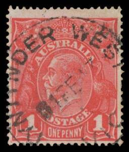 Victoria: Tyntynder West: 'TYNTYNDER WEST/1FE17/VIC' very fine strike on KGV 1d red. Previously unrecorded. RO only 1.2.1907; renamed Vinifera 1.11.1922. [20km NW of Swan Hill]