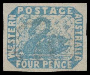 West Aust: 1854-55 Lithographs 4d pale blue SG 3, an unusually large example with ample even margins, very lightly cancelled, Cat Â£200. Superb!