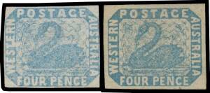 West Aust: 1854-55 Lithographs 4d pale blue with unlisted transfer variety 'TE' of 'WESTERN' Joined SG 3var, margins just clear to close; and 4d blue SG 3a, good even margins; both unused, Cat Â£825+.