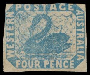 West Aust: 1854-55 Lithographs 4d pale blue with Major Transfer Variety Small Head of 'P' of 'PENCE' SG 3ar, a little cut-into at the top & tiny concealed tear at left, Cat Â£3250. Rare. Simon Dunkerley Certificate (2008).