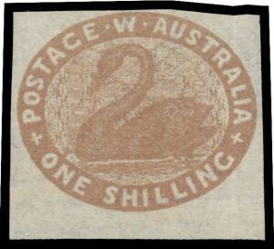 West Aust: 1854-55 Lithographs 1/- deep red-brown SG 4a marginal example from the base of the sheet, margins just clear to huge, ironed-out vertical crease at right, unused, Cat Â£2000. Ex Trevor Hiscock. RPSofV Certificate (2005).