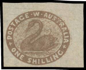 West Aust: 1854-55 Lithographs 1/- deep grey-brown SG 4b (variant) huge single from the upper-right corner of the sheet with Marginal Watermark Lines at top & right, unused, Cat Â£650+. Superb! Ex Hiscock.