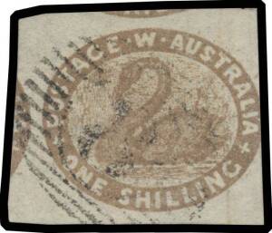 West Aust: 1854-55 Lithographs 1/- grey-brown SG 4b, margins large to huge - except at right where just shaved - with fragments of the adjoining units above & at left, light 15-bar '8' cancel of Fremantle, Cat Â£375. A huge example.