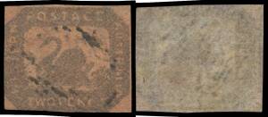 West Aust: 1857-59 Hillman Lithographs Imperf 2d brown-black/red Printed on Both Sides SG 15a with the image on the reverse inverted, two good margins & just shaved/touched at left & base, light void-grid cancel, Cat Â£800.